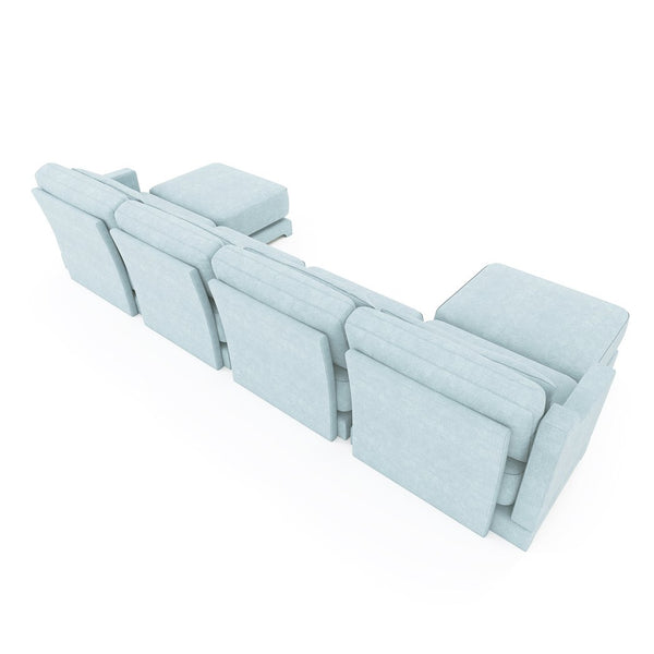 English Elm Four-Seater Sofa Set With Movable Ottoman & Lumbar Pillow - Elegant Sky Blue Chenille Comfort! W714S01212