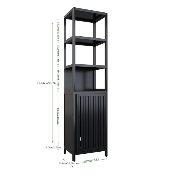 English Elm BLACK Bamboo Tall Slim Cabinet with Shutter Door, 3-Tier Freestanding Linen Tower for Kitchen Bath 39x18x9" W2207P272658