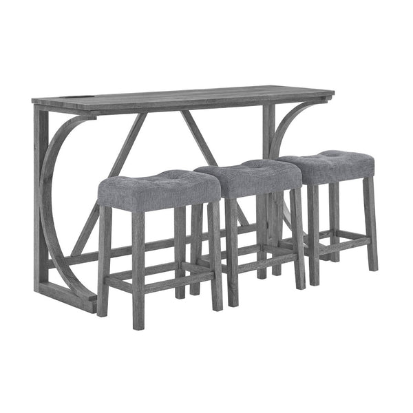 English Elm 59 Inch Bar Table Set with Power Outlet Rubberwood Frame and 3 Linen Stools Grey W2972P385254