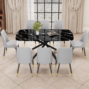 English Elm 1 Table and 8 Chairs Set.A Rectangular Dining Table With A Imitation Marble Black Table Top and Black Metal Legs.Paired With 8 Chairs With Pu Leather Seat Cushion and Black Metal Legs.F-1537,C-007