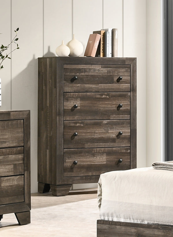 English Elm 1pc Rustic Four-Drawer Tall Chest 31.5"x16.3"x48.4" Brown-Gray Finish Wooden Storage for Bedroom Organization B011P331892