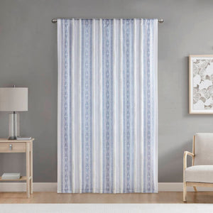 English Elm Poly Printed Curtain Panel With Tufted Stripe & Lining, White/Navy 50X95" For Boho Style Decor B035P268158-GIGA