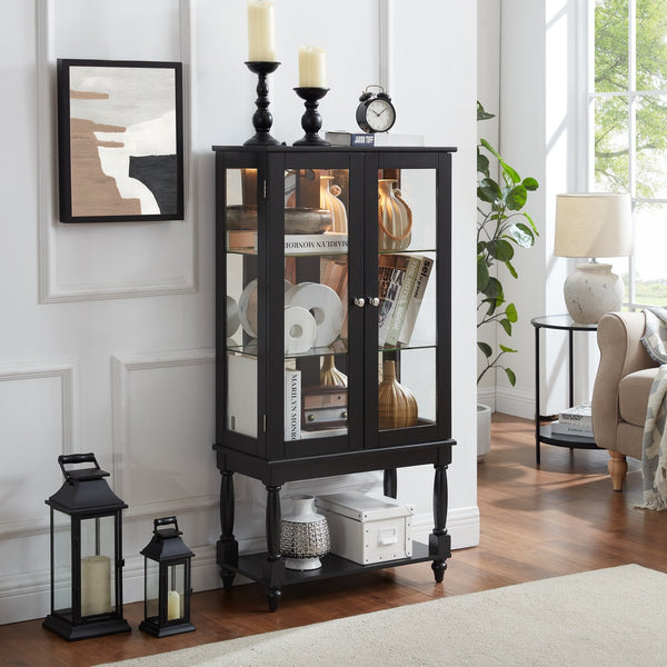 English Elm Curio Lighted Display Cabinet with Mirrored Back, Tempered Glass Doors, Solid Wood Legs, Compact Black W1693P216943