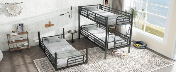English Elm Twin Triple Metal Bunk Bed Matte Powder Coated Frame with Full Safety Guardrails Black W1580S00578