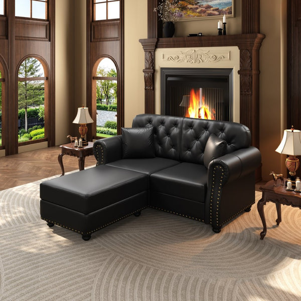 English Elm 63"upholstered Faux Leather Loveseat Mid-century Chesterfield with Tufting and Nailhead Detail Black W1885S00424