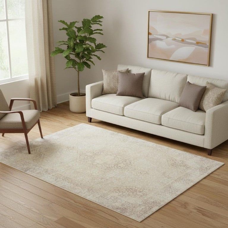 Beige Medallion Machine Washable Non Slip Woven Area Rug for Living Room Floor Decor
