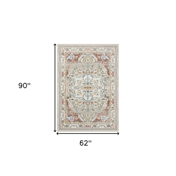 Homeroots 5' X 7' Ivory Abstract Area Rug Ivory And Red Polypropylene 534063