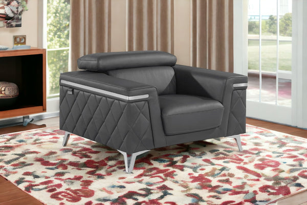 Homeroots 42" Gray And Silver Metallic Top Grain Leather Club Chair Dark Grey  534091