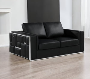 Homeroots 73" Black And Silver Metallic Top Grain Leather Loveseat Black  534094