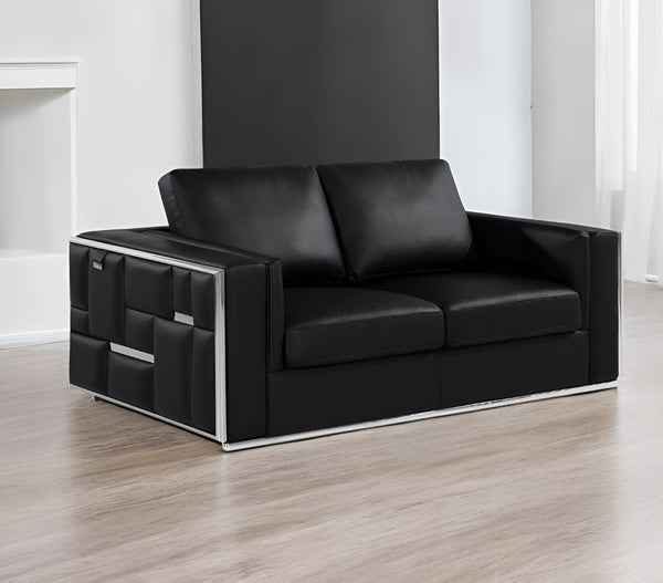 Homeroots 73" Black And Silver Metallic Top Grain Leather Loveseat Black  534094