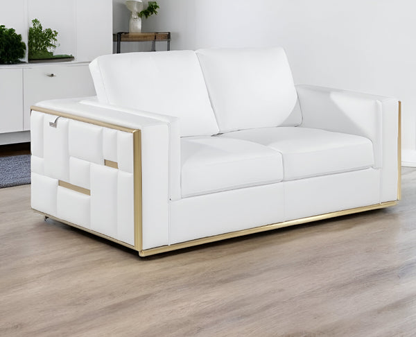 Homeroots 73" White And Silver Metallic Top Grain Leather Loveseat White  534095