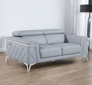 Homeroots 70" Light Blue And Silver Metallic Top Grain Leather Loveseat Light Grey  534097