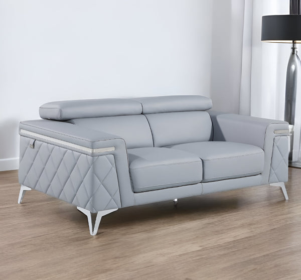 Homeroots 70" Light Blue And Silver Metallic Top Grain Leather Loveseat Light Grey  534097