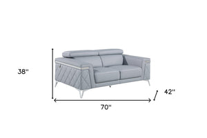 Homeroots 70" Light Blue And Silver Metallic Top Grain Leather Loveseat Light Grey  534097