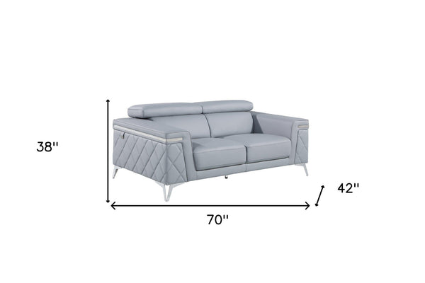 Homeroots 70" Light Blue And Silver Metallic Top Grain Leather Loveseat Light Grey  534097