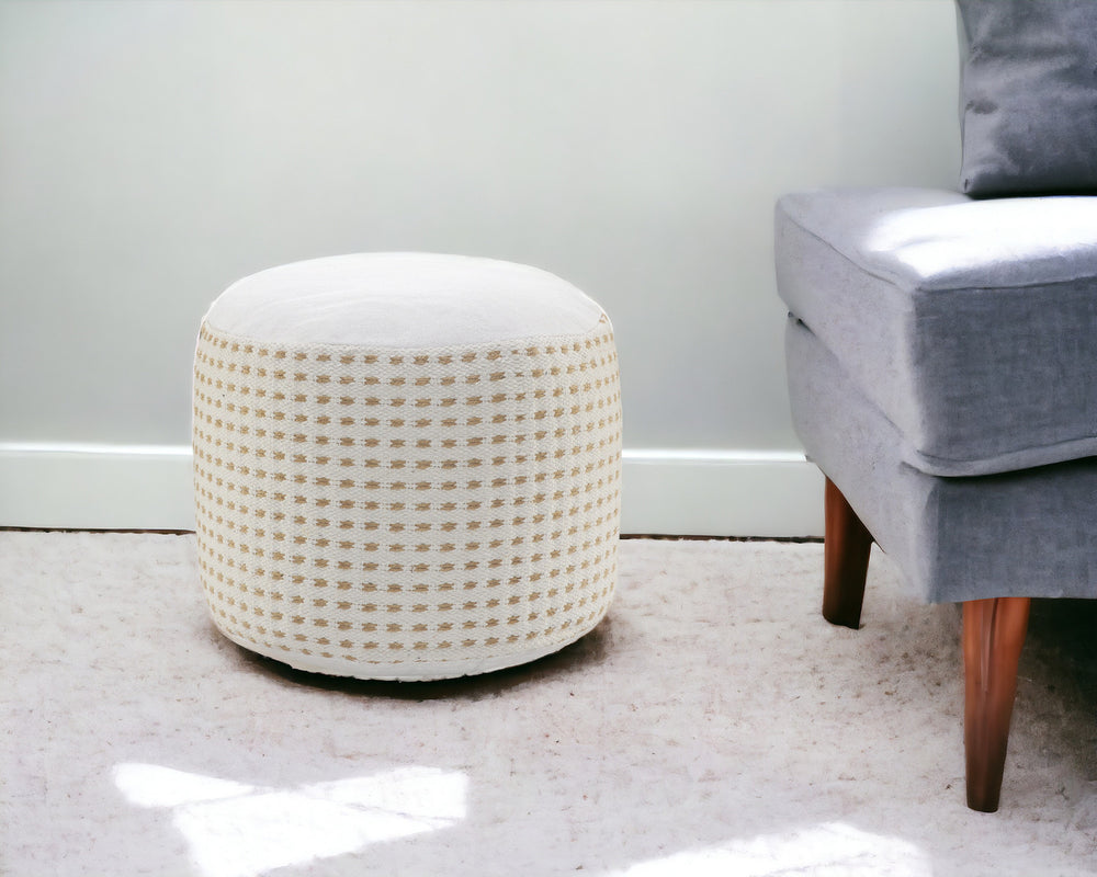 Homeroots 18" White Jute Round Geometric Pouf Ottoman   534099