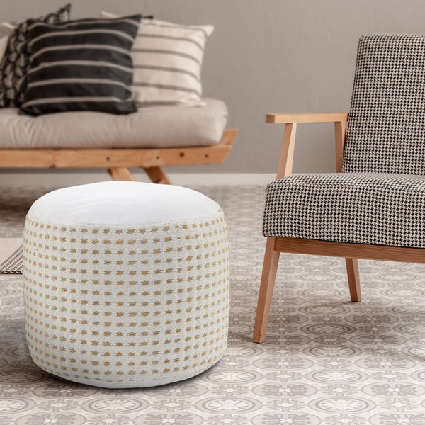Homeroots 18" White Jute Round Geometric Pouf Ottoman   534099