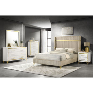 English Elm Malcolm Velvet Wingback Eastern King Bed with Gold Trim Sculptural Headboard Beige B062S01588