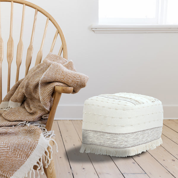 Homeroots 18" Cream Cotton Striped Pouf Ottoman   534100