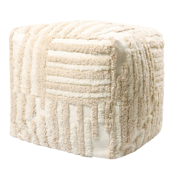Homeroots 18" Beige Cotton Cube Striped Pouf Ottoman Beige  534101