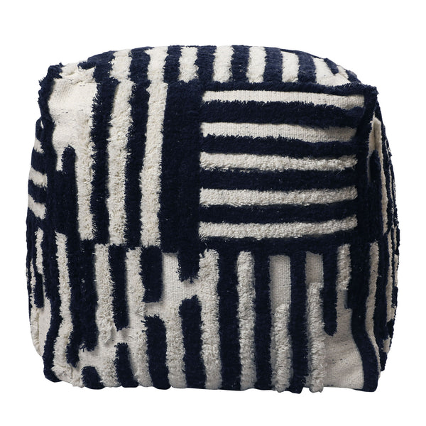 Homeroots 18" Blue Cotton Cube Striped Pouf Ottoman Navy Blue  534102