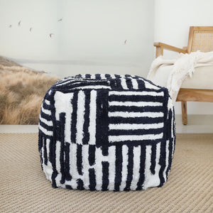 Homeroots 18" Blue Cotton Cube Striped Pouf Ottoman Navy Blue  534102
