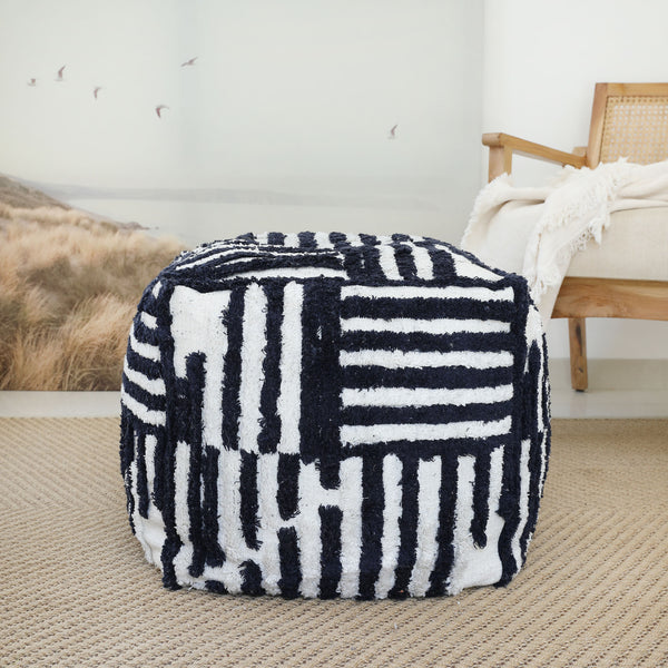 Homeroots 18" Blue Cotton Cube Striped Pouf Ottoman Navy Blue  534102