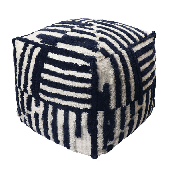 Homeroots 18" Blue Cotton Cube Striped Pouf Ottoman Navy Blue  534102