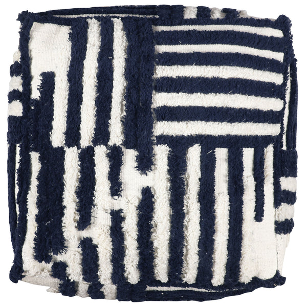 Homeroots 18" Blue Cotton Cube Striped Pouf Ottoman Navy Blue  534102