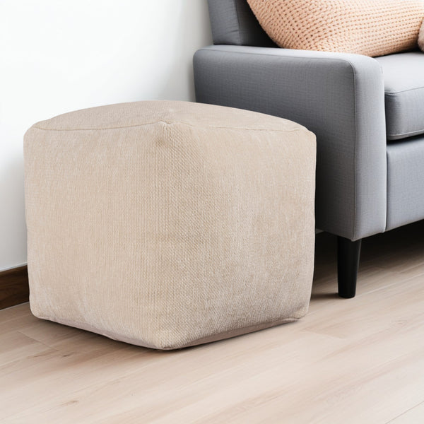 Homeroots 18" Ivory Chenille Cube Pouf Ottoman Ivory  534104