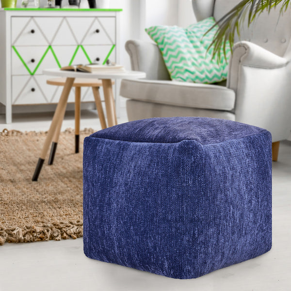 Homeroots 18" Blue Chenille Cube Pouf Ottoman Navy Blue  534107