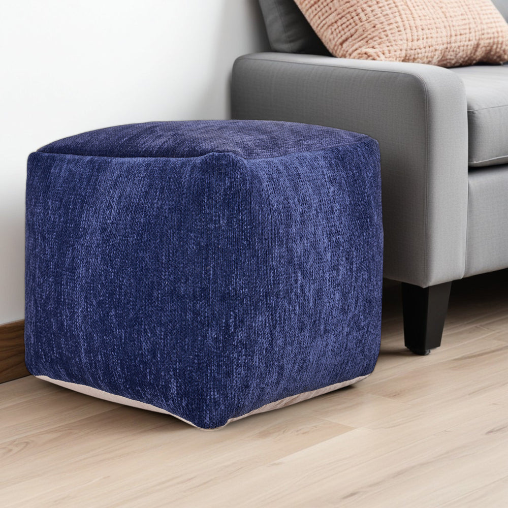 Homeroots 18" Blue Chenille Cube Pouf Ottoman Navy Blue  534107