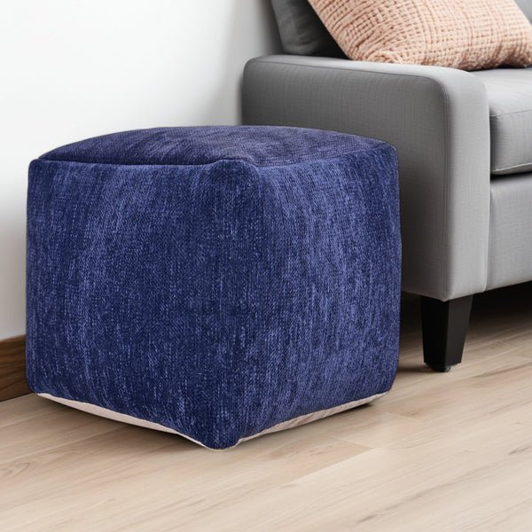 Homeroots 18" Blue Chenille Cube Pouf Ottoman Navy Blue  534107