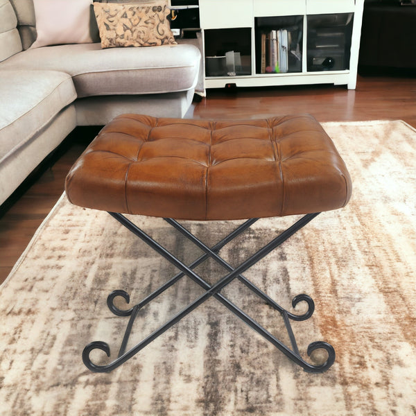 Homeroots 14" Brown Faux Leather Footstool Ottoman   534108