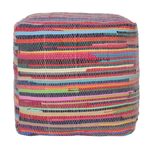 Homeroots 18" Red Cotton Cube Striped Pouf Ottoman   534109