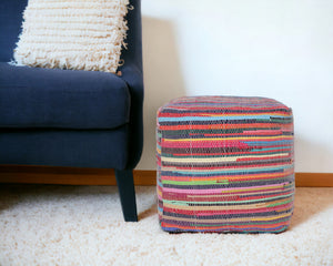 Homeroots 18" Red Cotton Cube Striped Pouf Ottoman   534109