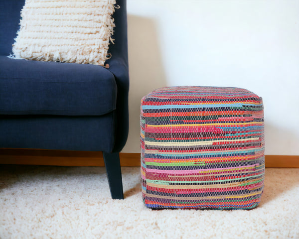 Homeroots 18" Red Cotton Cube Striped Pouf Ottoman   534109