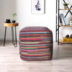 Homeroots 18" Red Cotton Cube Striped Pouf Ottoman   534109