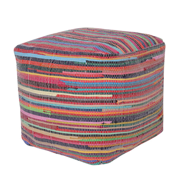 Homeroots 18" Red Cotton Cube Striped Pouf Ottoman   534109