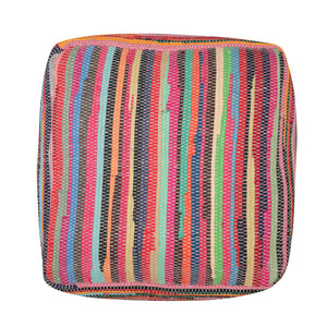 Homeroots 18" Red Cotton Cube Striped Pouf Ottoman   534109