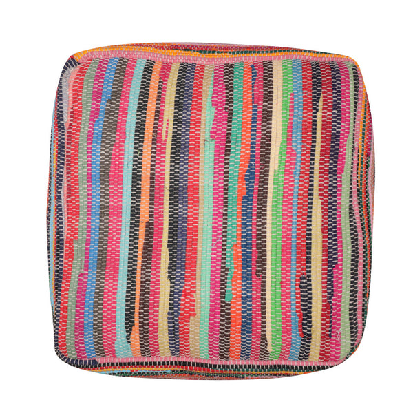 Homeroots 18" Red Cotton Cube Striped Pouf Ottoman   534109