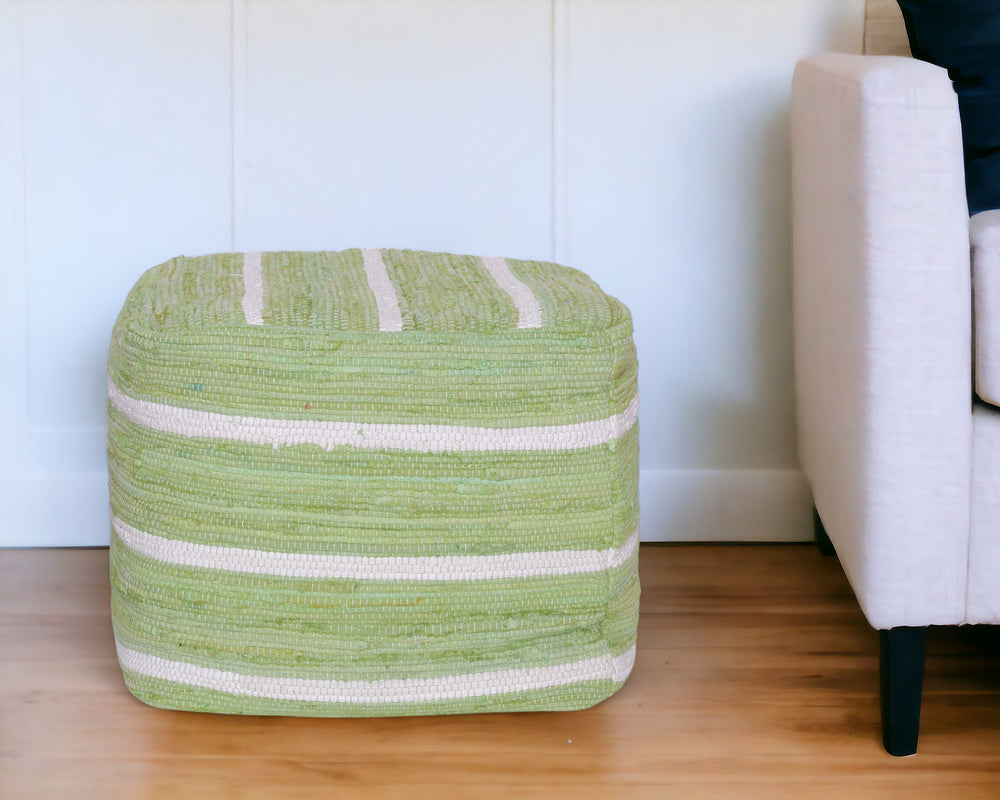 Homeroots 18" Green Cotton Cube Striped Pouf Ottoman   534110