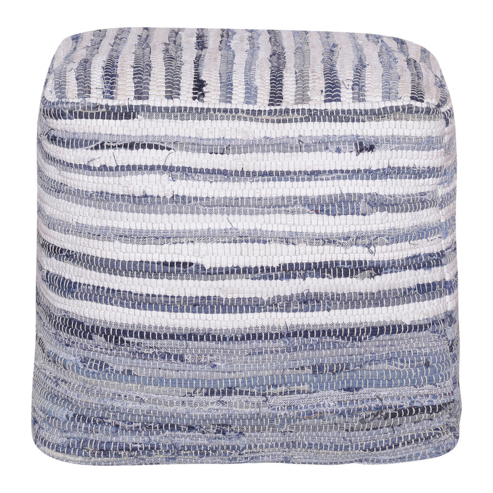 Homeroots 18" Blue Cotton Cube Striped Pouf Ottoman   534111
