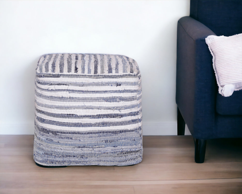 Homeroots 18" Blue Cotton Cube Striped Pouf Ottoman   534111