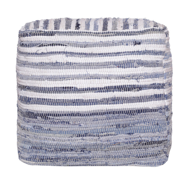 Homeroots 18" Blue Cotton Cube Striped Pouf Ottoman   534111