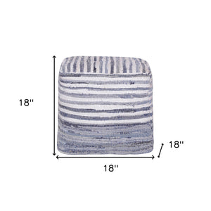 Homeroots 18" Blue Cotton Cube Striped Pouf Ottoman   534111