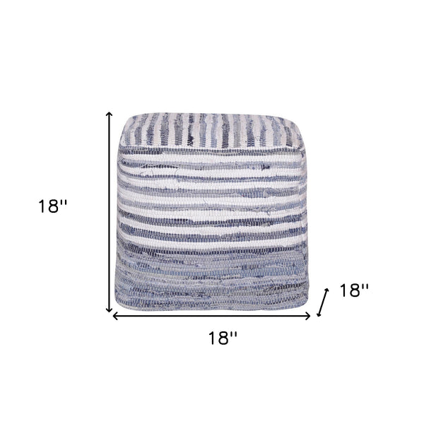 Homeroots 18" Blue Cotton Cube Striped Pouf Ottoman   534111
