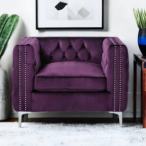 Homeroots 35" Purple And Silver Velvet Tufted Club Chair Purple  534116