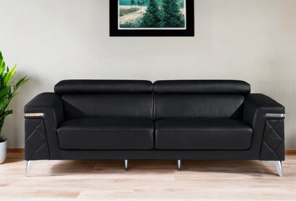 Homeroots 89" Black Italian Leather Sofa With Silver Legs Dark Grey  534155