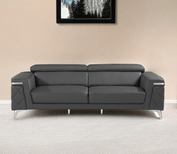 Homeroots 89" Dark Gray Italian Leather Sofa With Silver Legs Black  534156